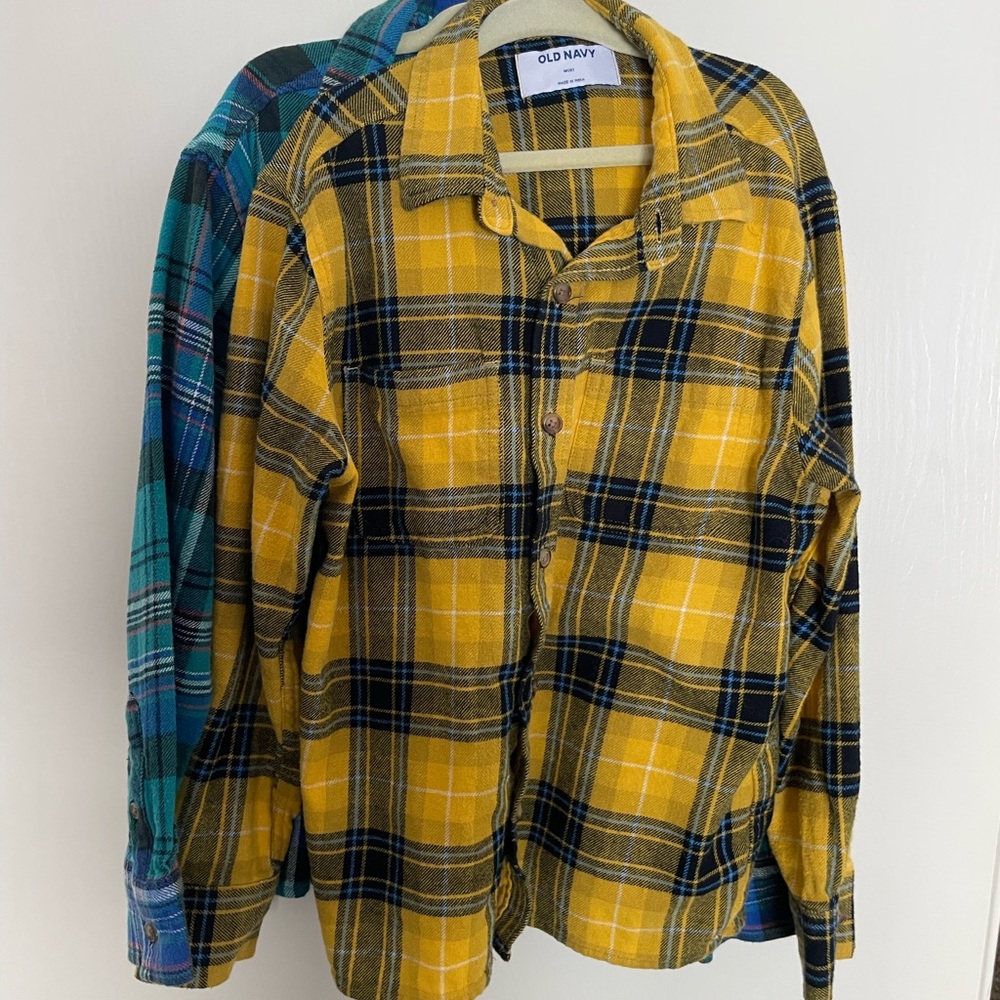 TWO Old Navy Boys Plaid Shirts (one yellow, one blue)